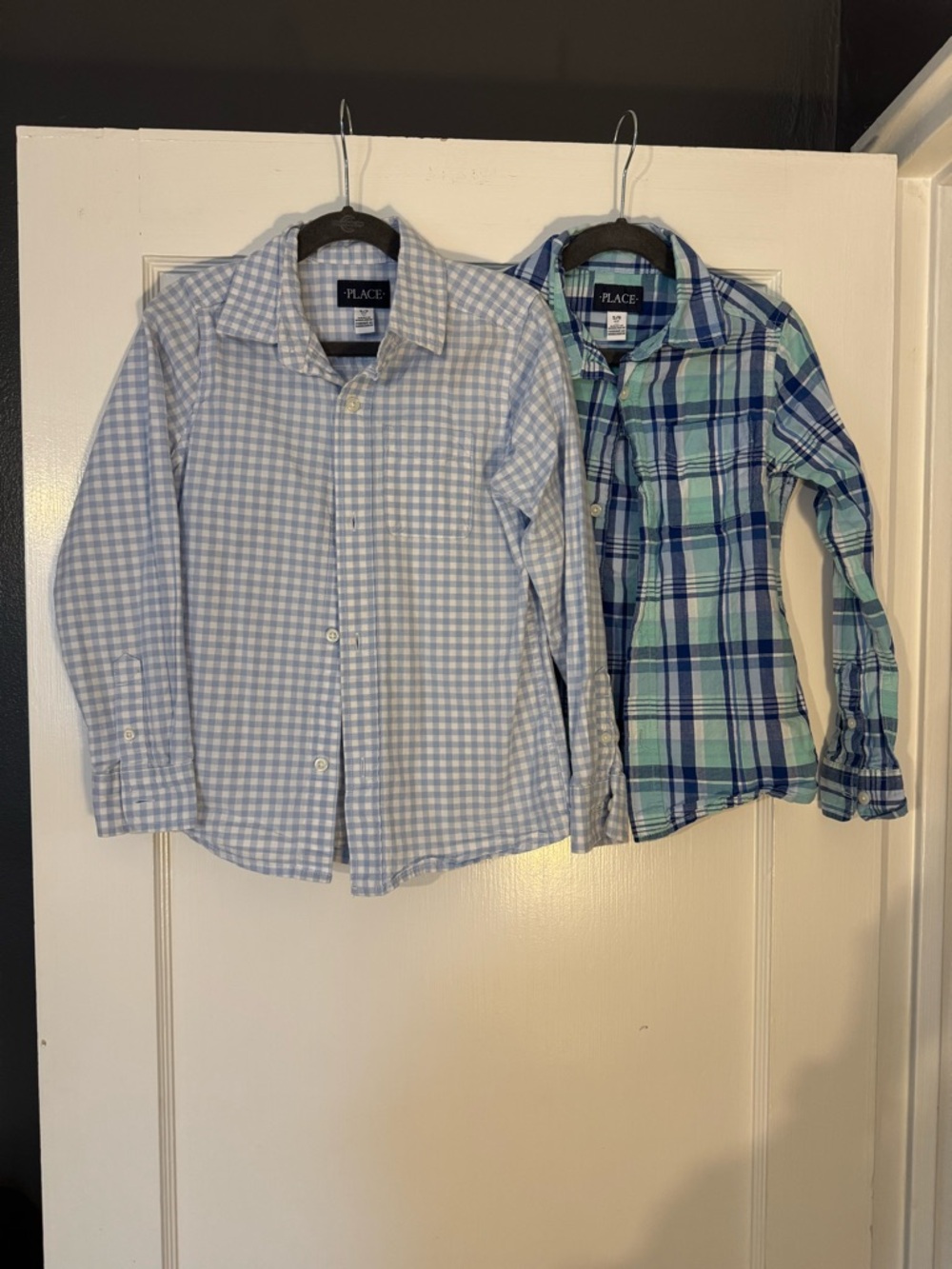 2 Children’s Place Boys' Light Blue Gingham & Blue/Teal Plaid Button-Down Shirts